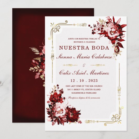 Invitation Plantilla Editable de Boda en Burdeos y Dorado (Devant / Derrière)