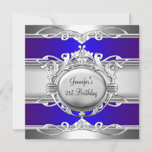Invitation Plaque Métal Chrome Bleu Argent 21ème Anniversaire
