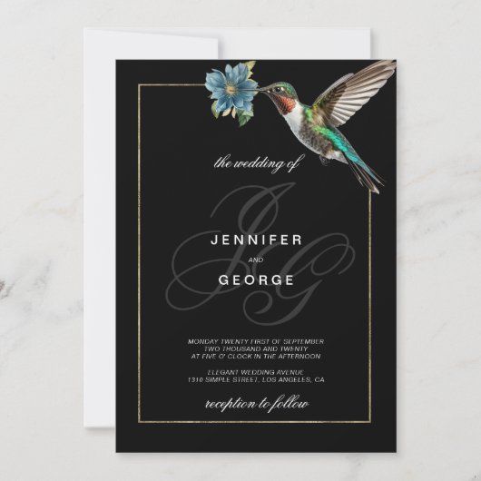 Invitation Plaques en or noir monogramme mariage colibri (Devant)