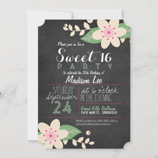 Invitation Plat-Chalet vert et rose Floral Sweet 16 Party (Devant)