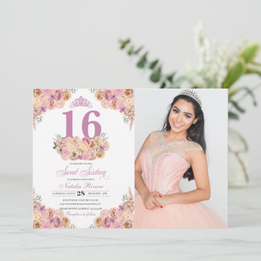 Invitation Plat rose vif Plante sucrée 16 Anniversaire Photo (Debout devant)