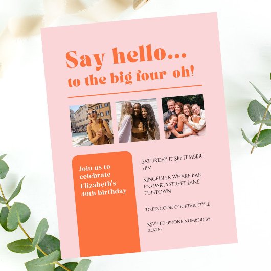 Invitation plate avec 3 photos, rétros 40e anniver