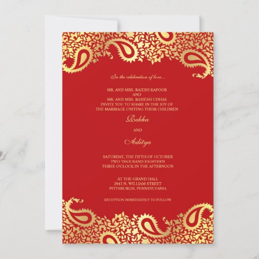 Invitation plate de mariage rouge de Paisleys (Devant)