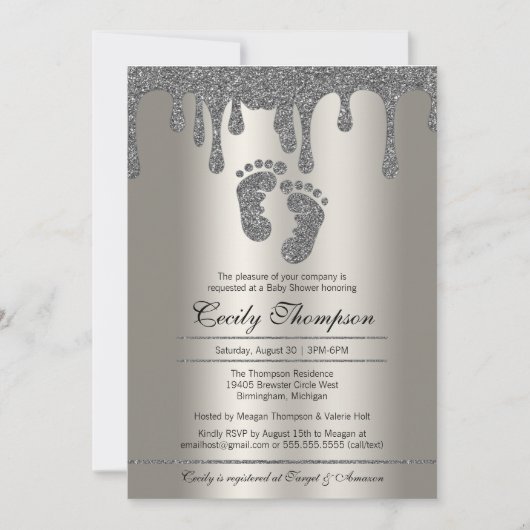 Invitation Platine Parties scintillant Drip Luxury Baby Feet  (Devant)