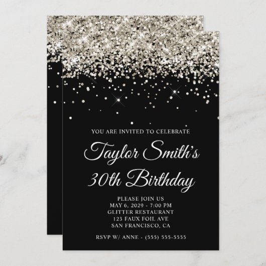 Invitation Platine Parties scintillant Noir 30e anniversaire (Devant / Derrière)