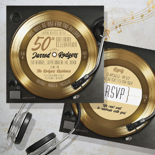 Invitation Platine Vinyle Noir Retro Gold pour 50ème Annivers