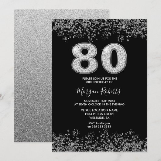 Invitation Platinum Silver Mens Femme 80e anniversaire fête (Devant / Derrière)