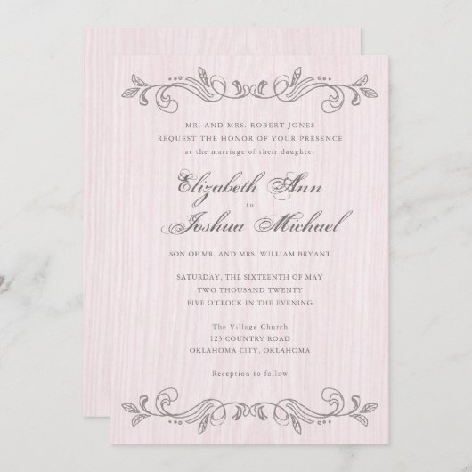 Invitation Plats Vintages rose et gris Mariage (Devant / Derrière)