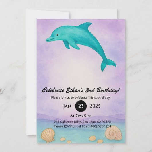 Invitation Playful Blue Dolphin & Seashell Ocean Birthday (Devant)