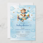 Invitation Playful blue pilot teddy bear boy shower invites (Devant)