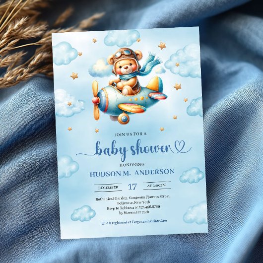 Invitation Playful blue pilot teddy bear boy shower invites