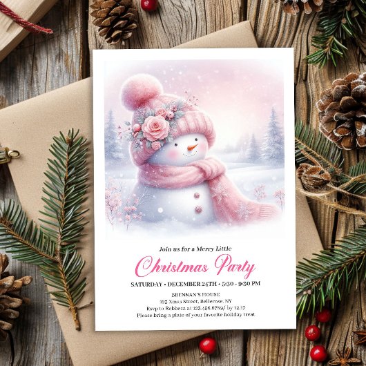 Invitation Playful Pink Snowman Editable Kids Christmas