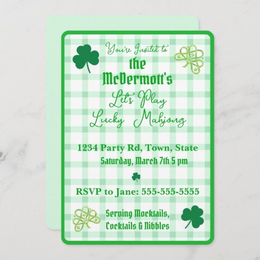 Invitation Playing Lucky Mahjong Watercolor Shamrocks (Devant / Derrière)
