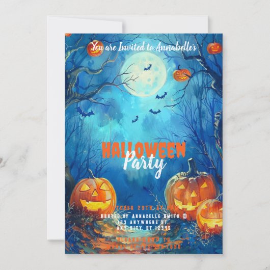Invitation Pleine lune Blue Jack-o' Lanterns Halloween Party (Devant)