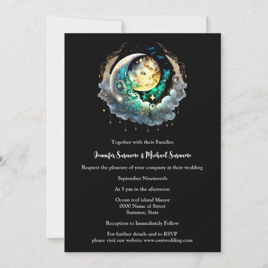 Invitation Pleine lune céleste noir vert brillant ciel noctur (Devant)