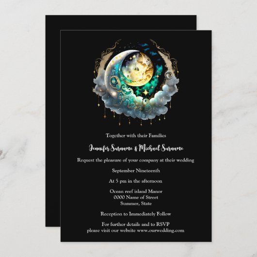 Invitation Pleine lune céleste noir vert brillant ciel noctur (Devant / Derrière)