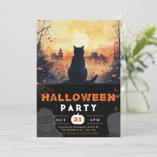 Invitation Pleine lune Chat noir Automne Halloween noir (Debout devant)