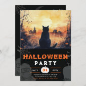 Invitation Pleine lune Chat noir Automne Halloween noir (Devant / Derrière)