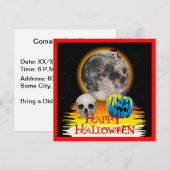 Invitation Pleine lune, crâne et Citrouille bleu la nuit. (Devant / Derrière)