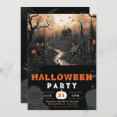 Invitation Pleine lune de ville hantée Oiseaux noirs Hallowee (Devant / Derrière)