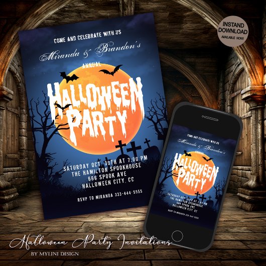 Invitation Pleine lune éffrayante Bats & Graveyard Halloween 