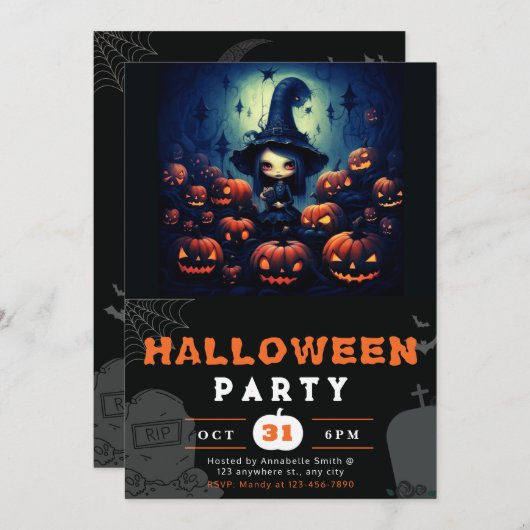 Invitation Pleine lune éffrayante sorcière Jack-O' Lanterns H (Devant / Derrière)