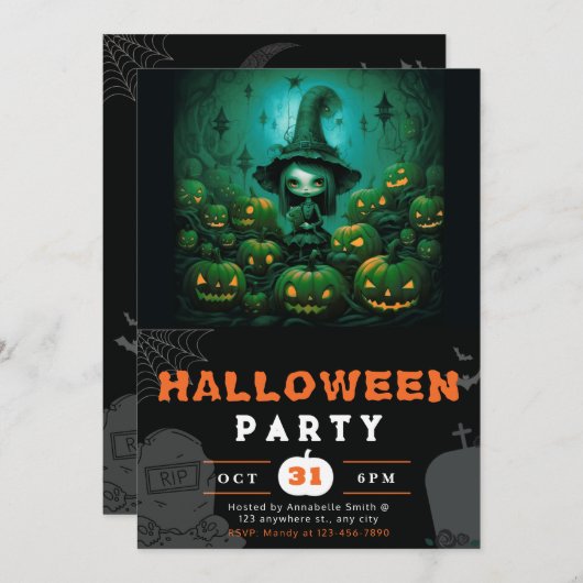 Invitation Pleine lune éffrayante sorcière Jack-O' Lanterns H (Devant / Derrière)