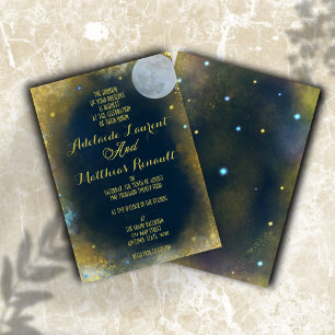 Invitation Pleine lune élégante Mariage céleste : Bleu & Or