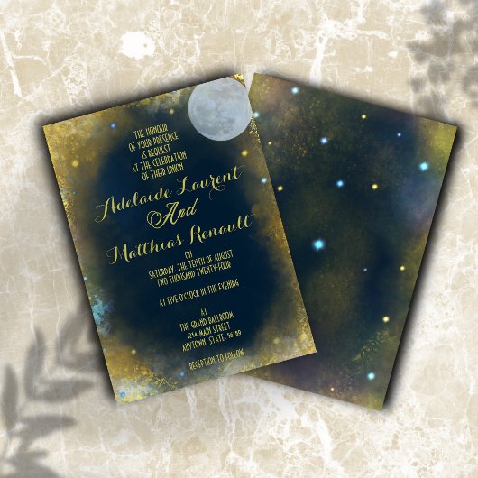 Invitation Pleine lune élégante Mariage céleste : Bleu & Or