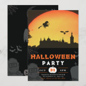 Invitation Pleine lune Flying Witch Town Black Halloween (Devant / Derrière)