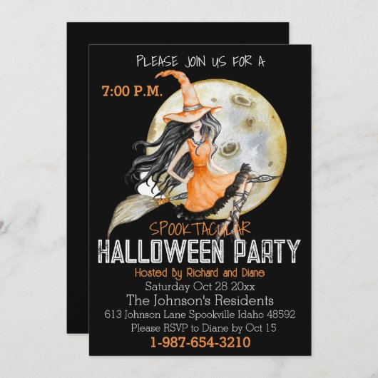 Invitation Pleine lune tactile et Halloween sorcière (Devant / Derrière)
