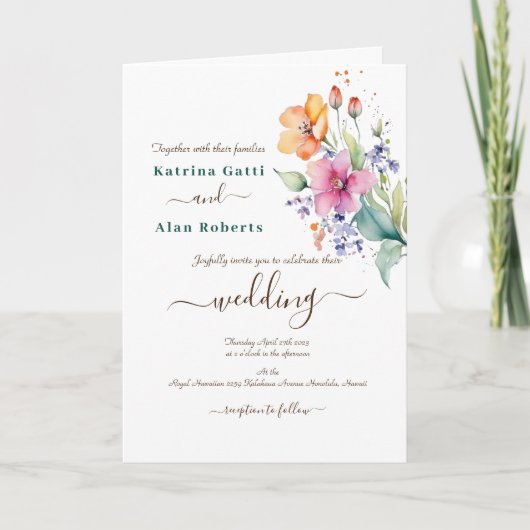 Invitation pliée en fleurs de pêche rose jaune (Devant)