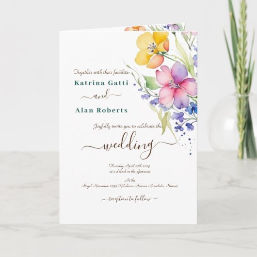 Invitation pliée Fleurs Roses Jaunes de Pêche (Devant)