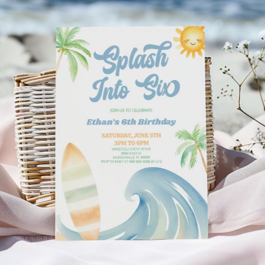 Invitation Plonge dans Six Fête d'anniversaire de 6 ans Surf