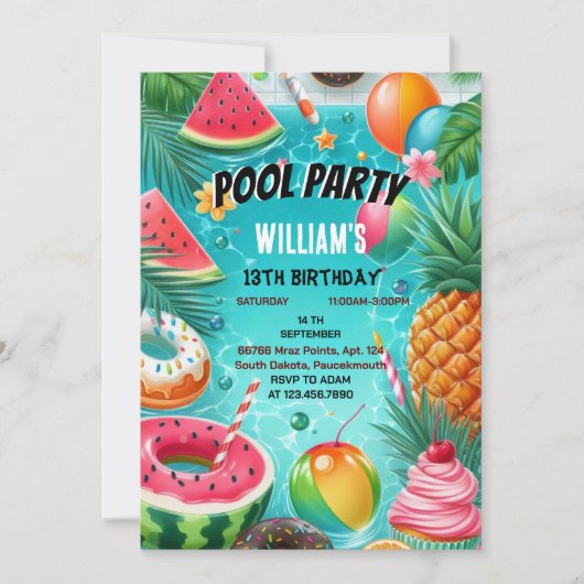 Invitation Plongée garçon eau bleue Cool Pool Party 13e anniv (Devant)