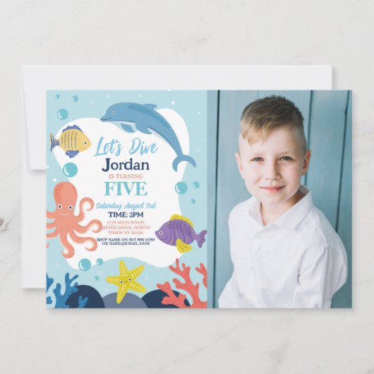 Invitation Plongeons dans les 5 Océan Dauphin Pieuvre Mer Pho (Devant)