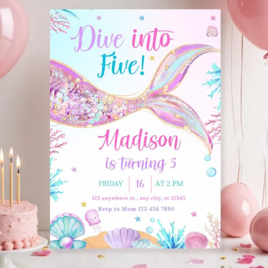 Invitation Plongez dans cinq 5 Ans Mermaid Invitation, Me