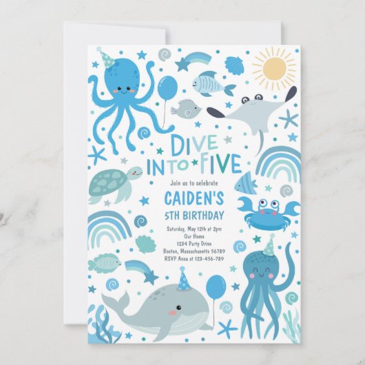 Invitation Plongez dans cinq créatures marines 5e fête d'anni (Devant)