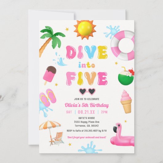 Invitation Plongez dans cinq Pool Party Fille 5e anniversaire (Devant)