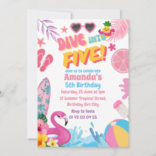 Invitation Plongez dans cinq Retro 5ème piscine fête d'annive (Devant)