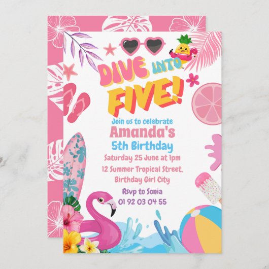 Invitation Plongez dans cinq Retro 5ème piscine fête d'annive (Devant / Derrière)
