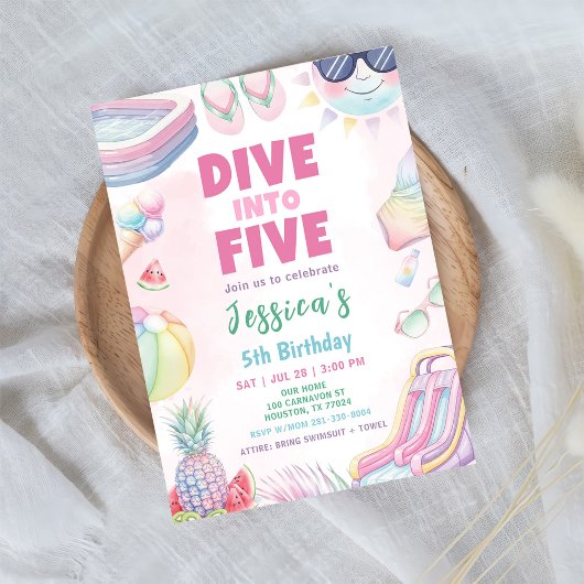 Invitation Plongez dans cinq - Summer Girl 5th Birthday Party