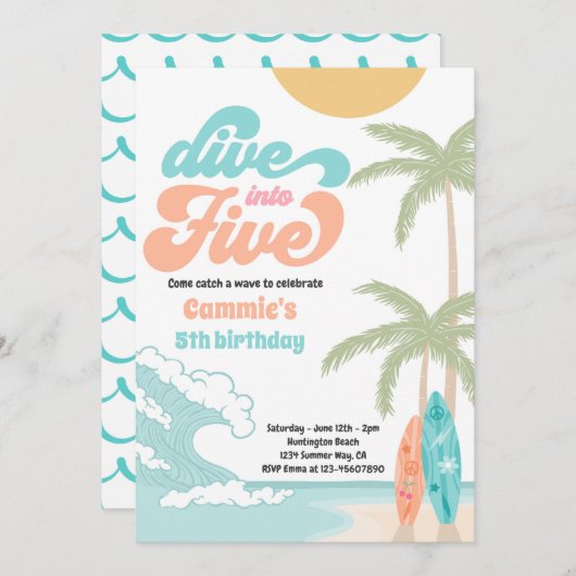Invitation Plongez dans cinq Surf rétro 5e fête d'anniversair (Devant / Derrière)