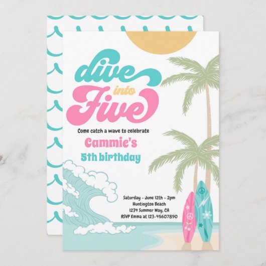 Invitation Plongez dans cinq Surf rétro 5e fête d'anniversair (Devant / Derrière)