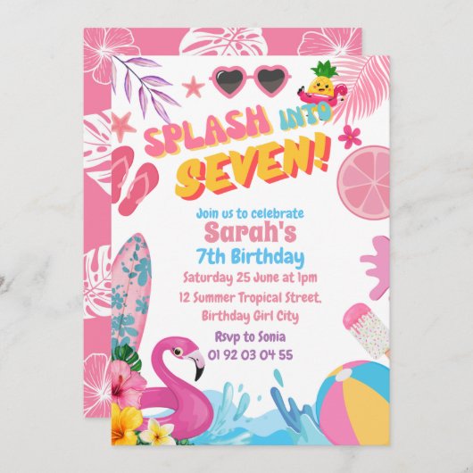 Invitation Plongez dans six Retro 7ème piscine fête d'anniver (Devant / Derrière)