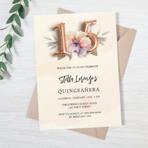 Invitation Plorale de pêche en or rose Quinceanera luxe