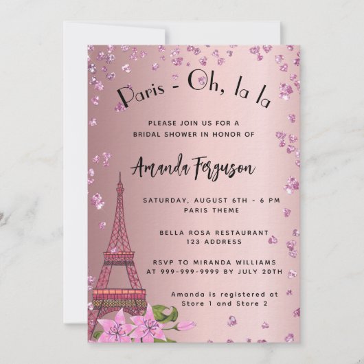 Invitation Pluie de douche Paris Tour Eiffel rose luxe (Devant)
