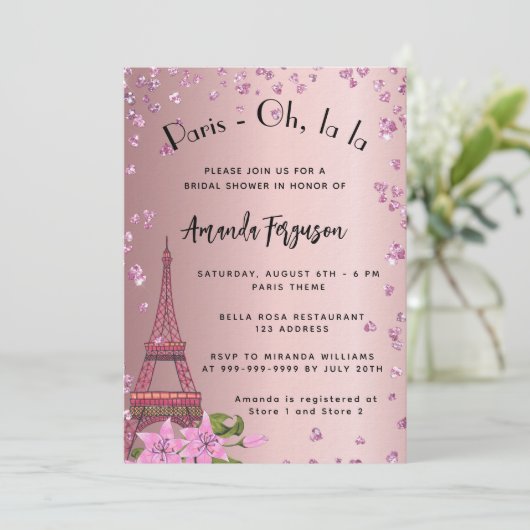 Invitation Pluie de douche Paris Tour Eiffel rose luxe (Debout devant)