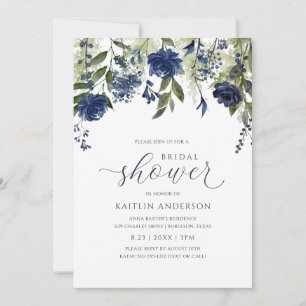 Invitation Pluie de Mariée Fleurs Sauvages Bleu Foncé Feuilla