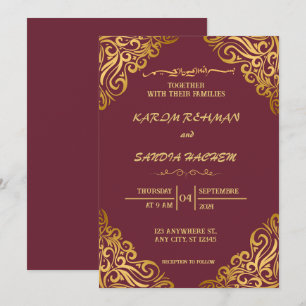 Invitation Plum à cadre floral et or Mariage musulman islamiq